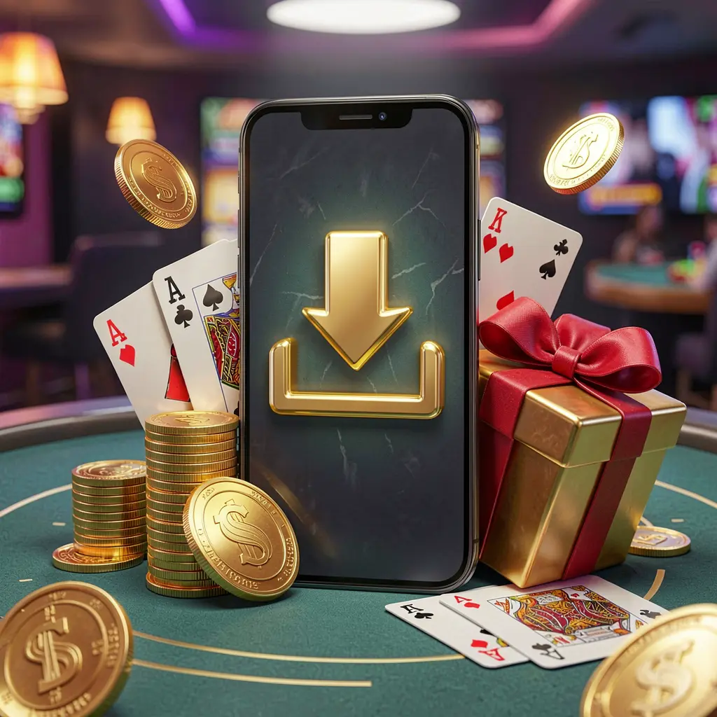 669O casino app download concept showing a smartphone with a download icon surrounded by golden coins, a gift box, and playing cards in a modern mobile gaming atmosphere