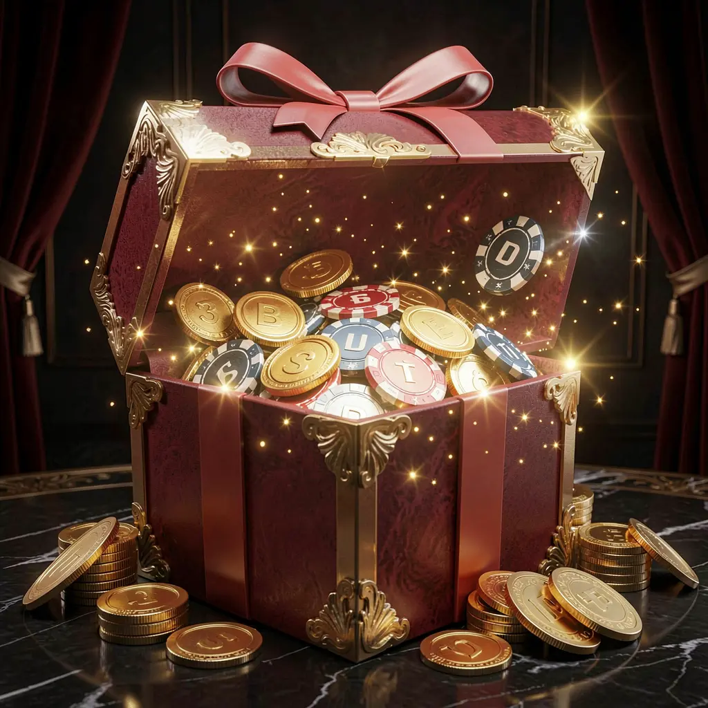 669O no deposit casino bonus concept featuring a glowing gift box filled with free casino chips and golden coins against a luxury dark background with magical sparkle effects