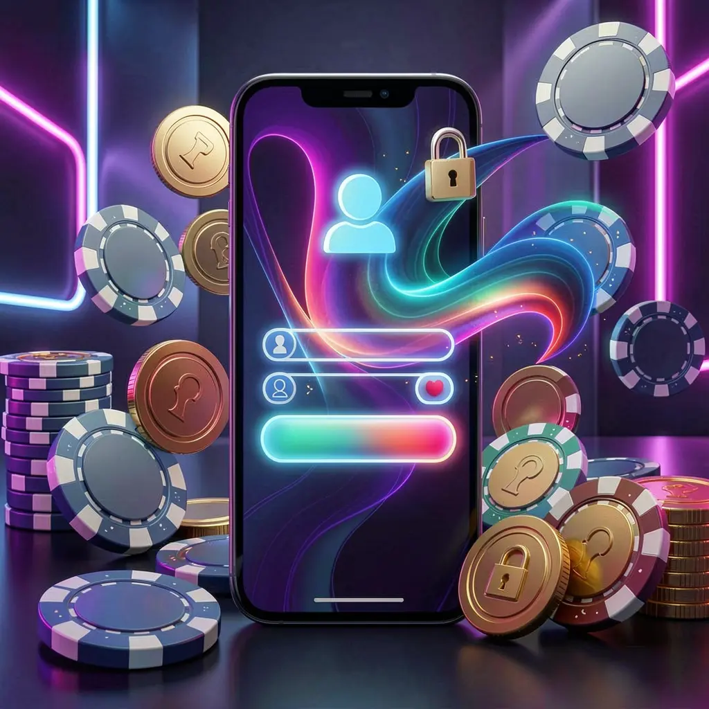669O mobile gaming login page concept on smartphone with abstract login interface featuring user and lock icons, surrounded by casino chips and coins under luxury neon lighting
