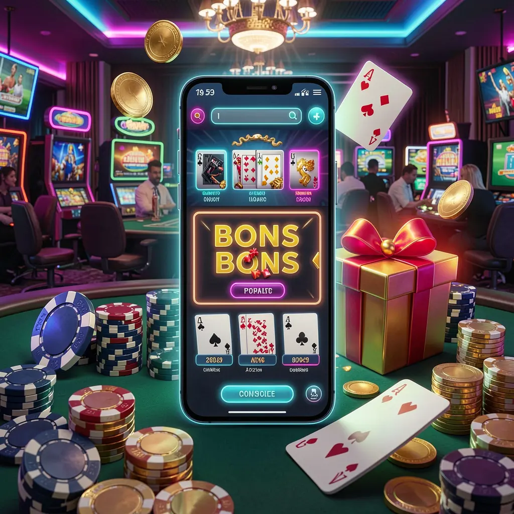 Modern casino website hero scene featuring a smartphone with glowing interface surrounded by bonus gift box, chips, coins, and playing cards in a premium neon casino style, showcasing 669O's responsible gaming theme
